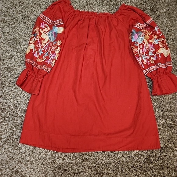 FREE PEOPLE DRESS SHIRT EMBROIDERED FLOWERS RED S/P - Picture 2 of 9